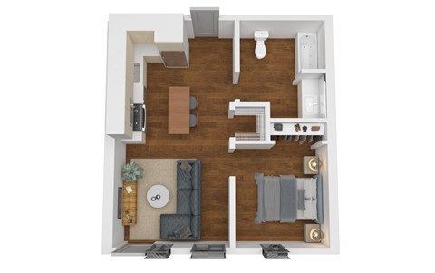 a stylized floor plan with a bedroom and a living room
